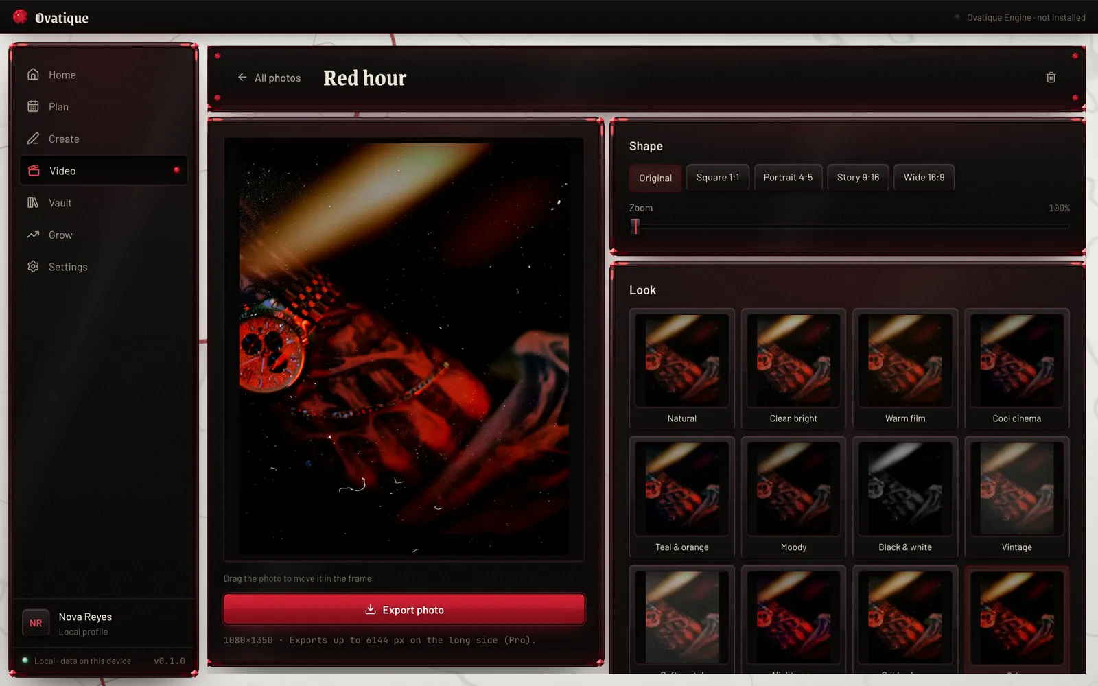 The photo editor: a red-lit close-up of a hand and a watch, with looks to choose from