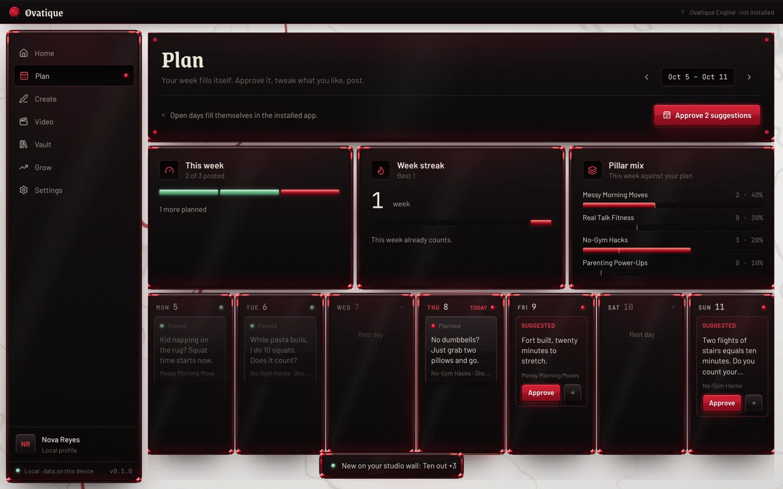 Ovatique's weekly plan: posted, planned and suggested posts for each day, with this week's progress and pillar mix