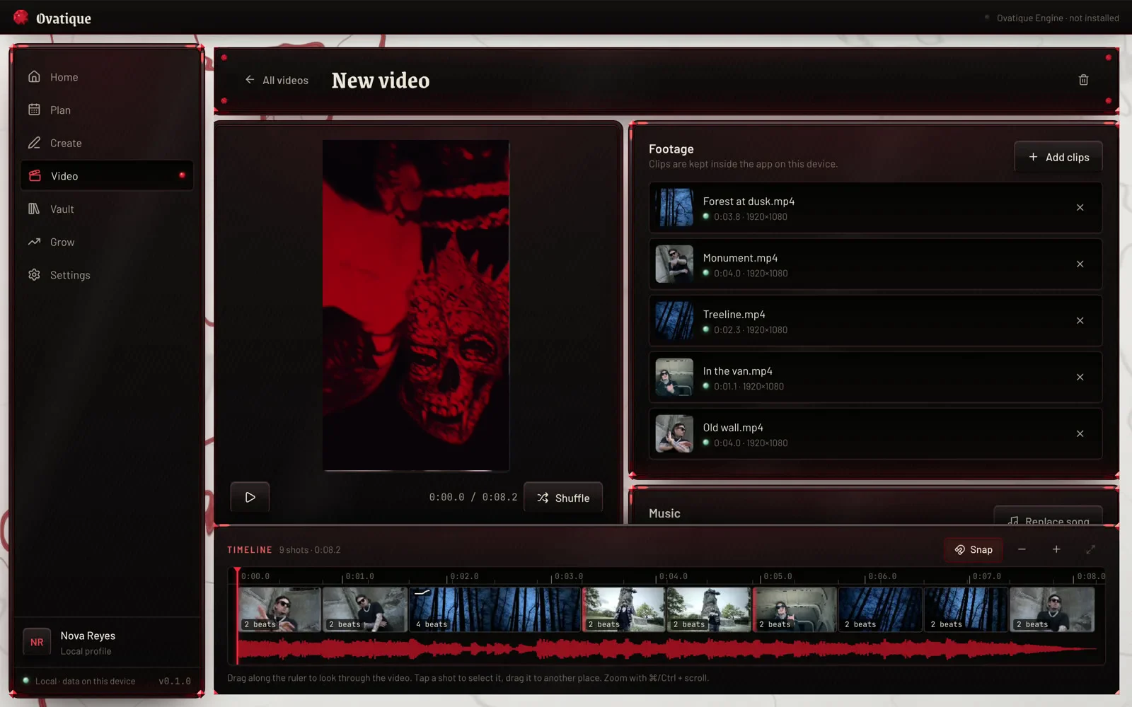 The video editor: clips cut on the beat of a song, with the preview, the shot list and the timeline